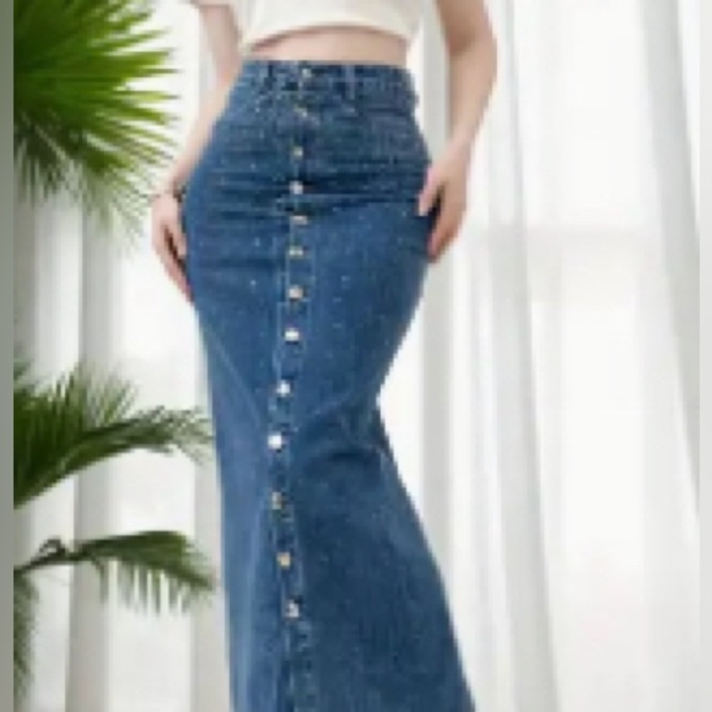 High-Waisted Button-Up Rhinestone Denim Skirt - Picture 1 of 1